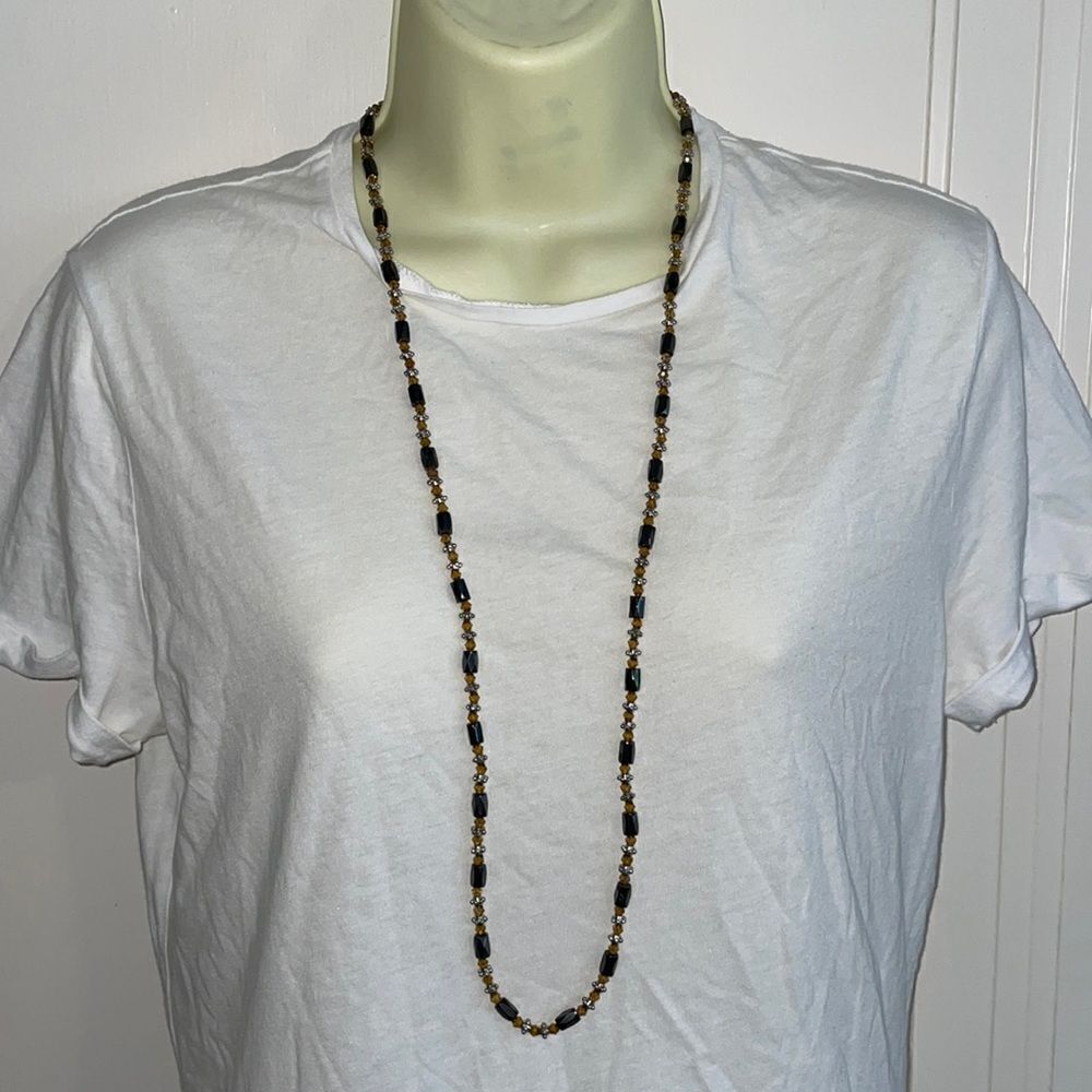Magnetic hematite dark silver gray, amber & light silver bead long necklace